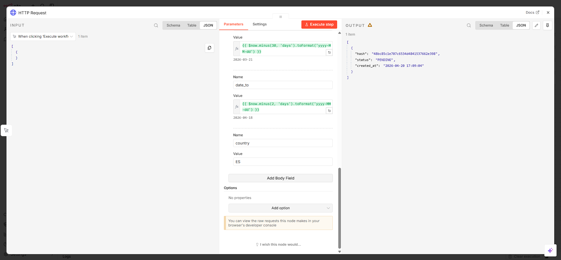 Panel de configuración del nodo HTTP Request con headers y body