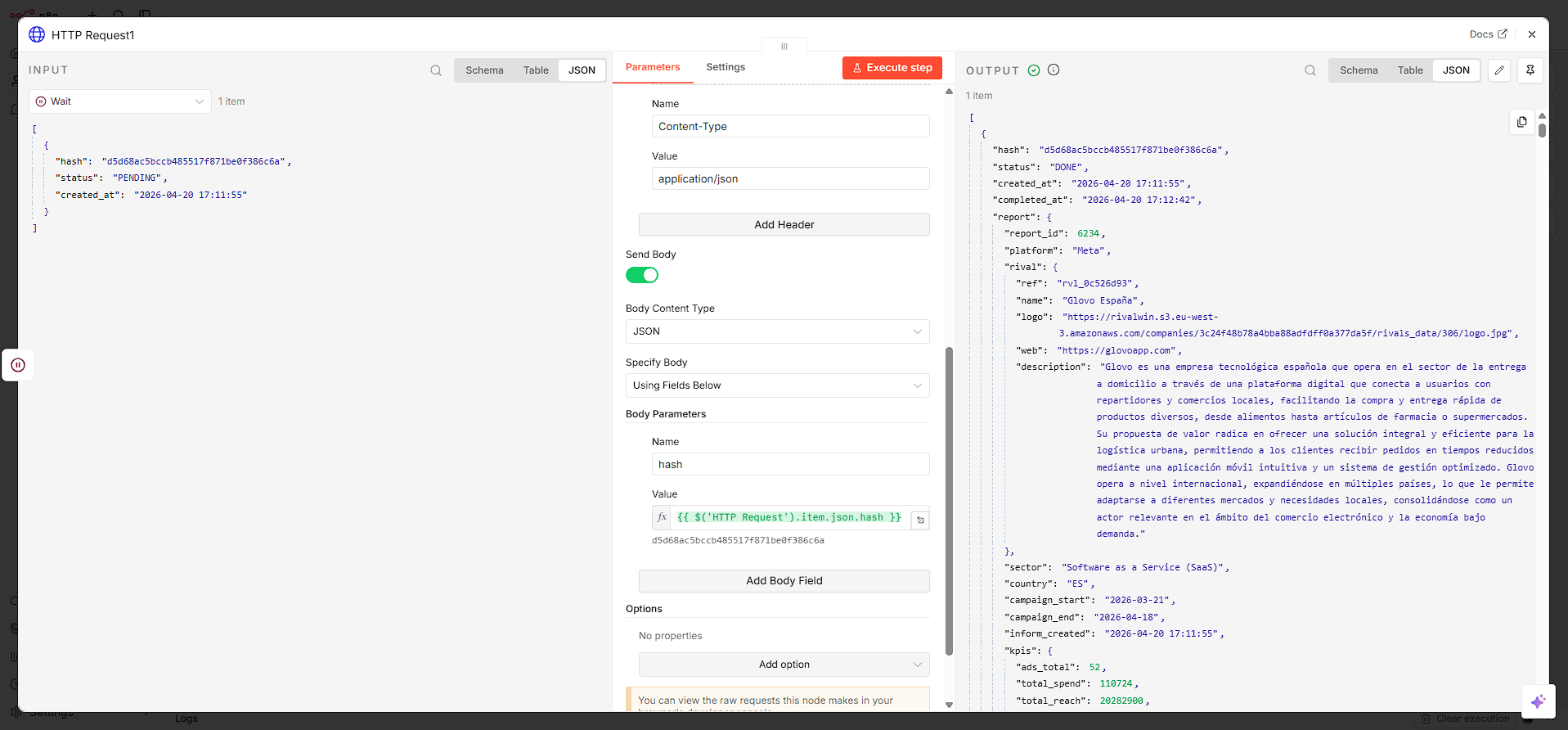 Nodo Wait configurado en 30 segundos y segundo HTTP Request