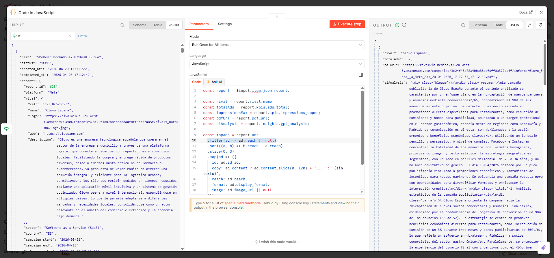 Nodo Code con el output de datos procesados