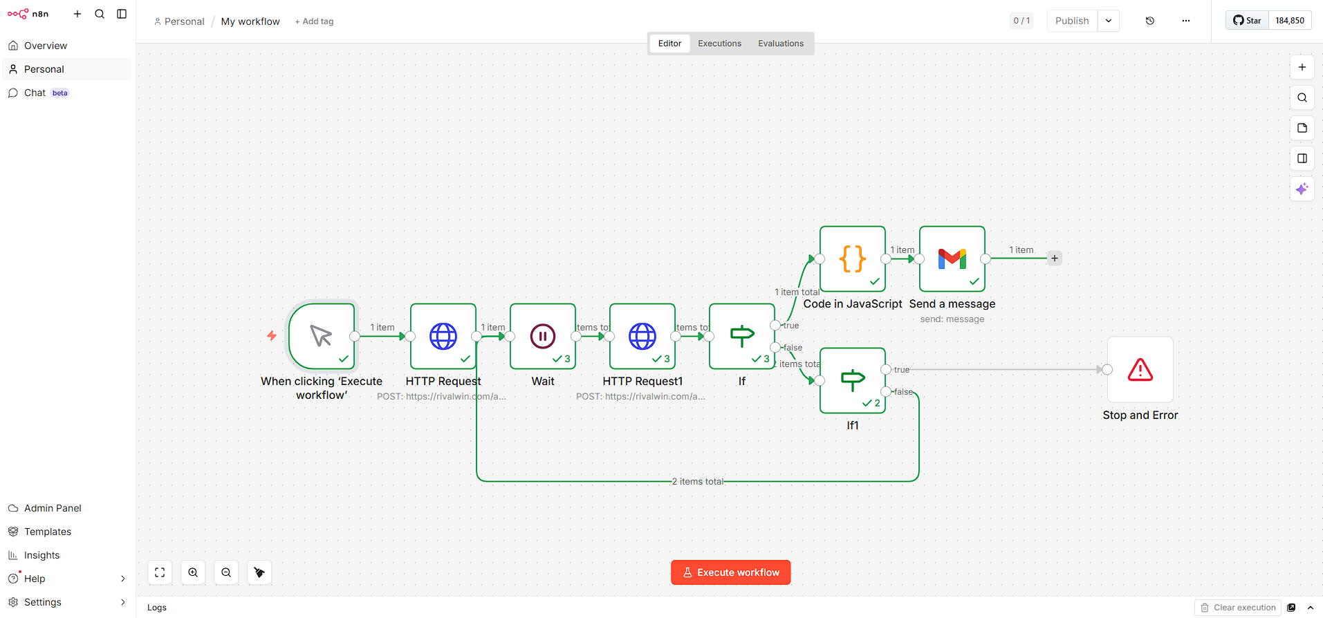 Flujo completo con el nodo IF y el bucle de polling visible